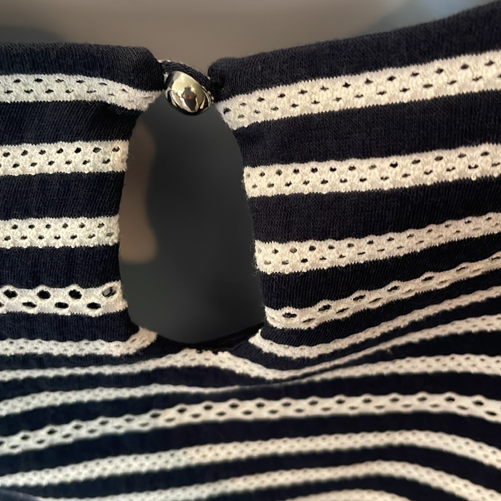 CJ Banks Navy Blue and White Striped Short Sleeve Top - Picture 2 of 8